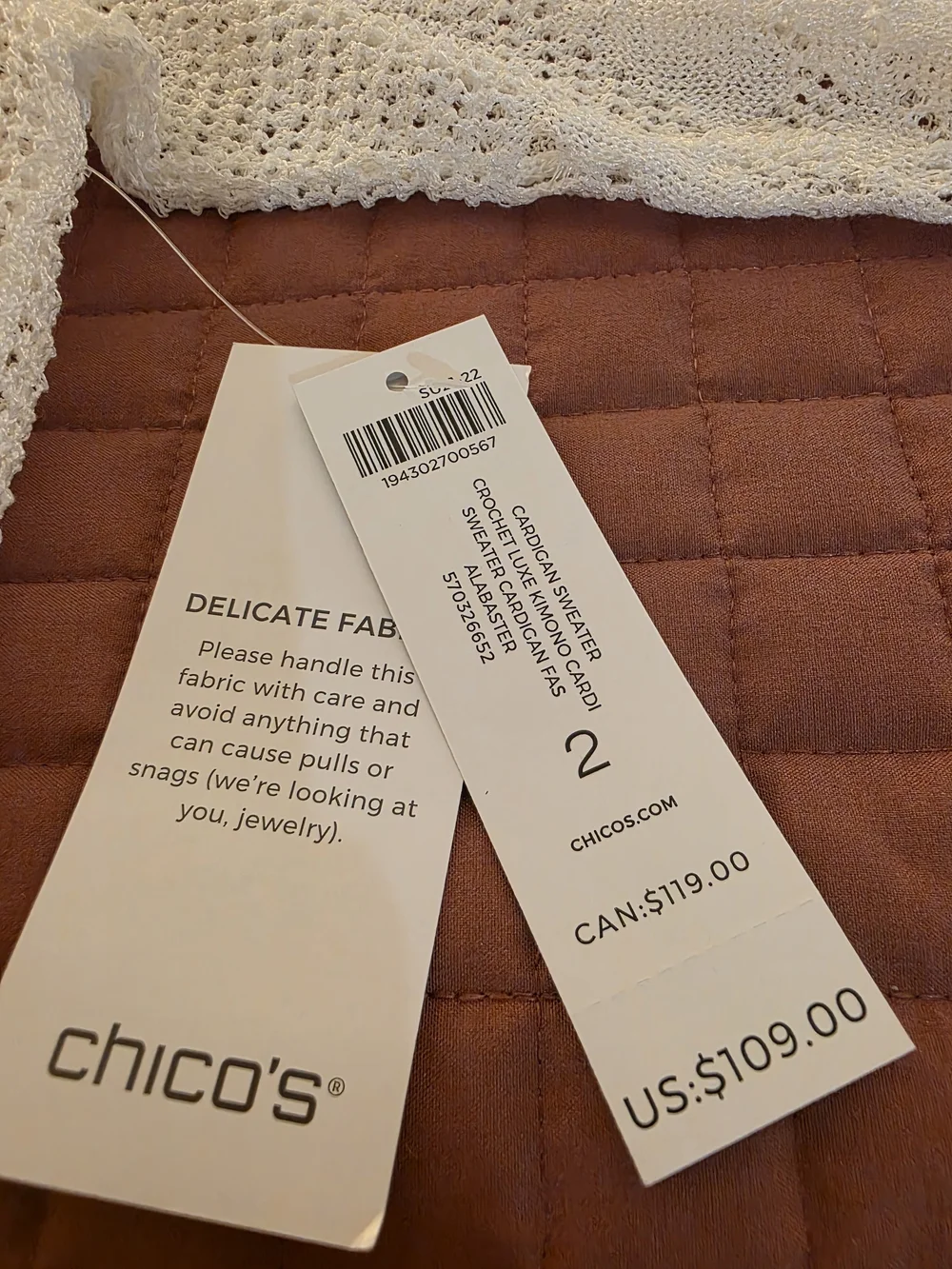 Chico's White Crochet-Front Open Weave Kimono Cardigan